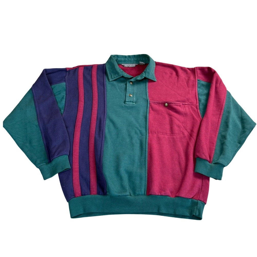 David Taylor 90s Colorblock Polo Sweatshirt Green Burgundy Large Vintage Retro